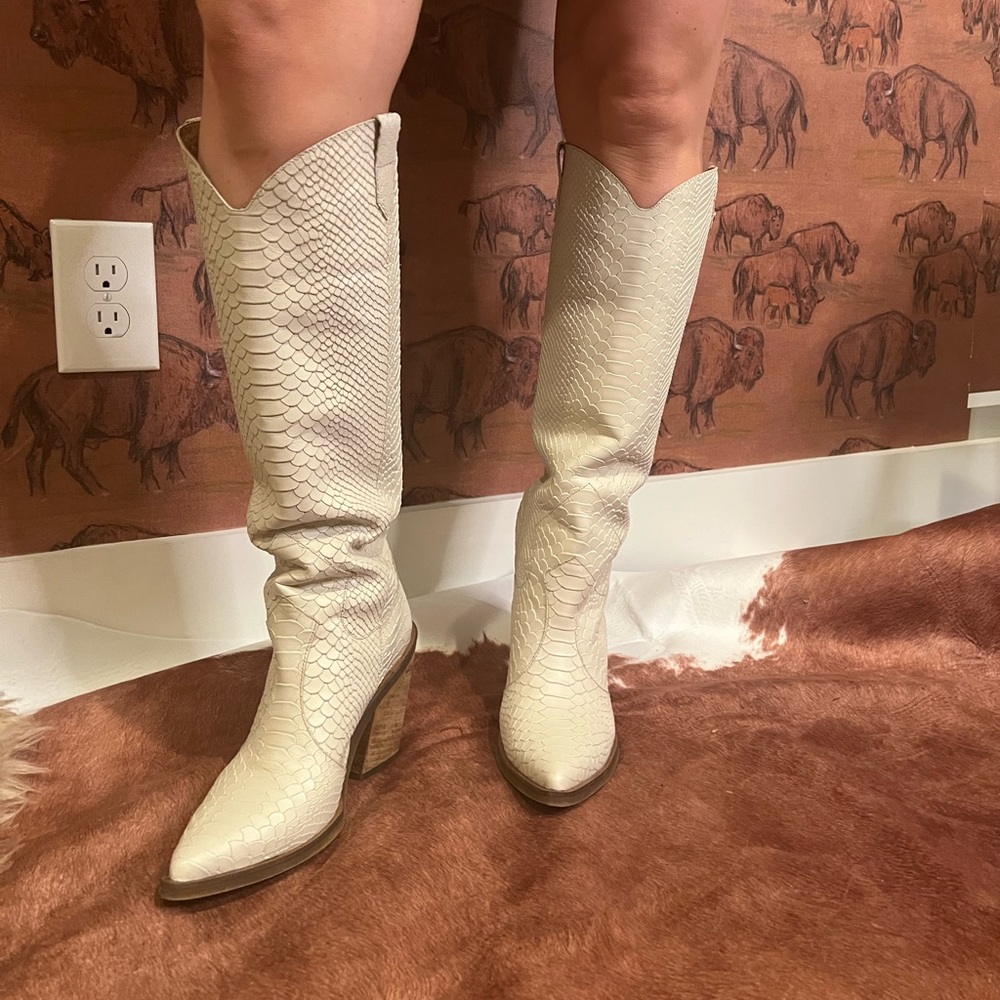 White Embossed Leather Cowgirl Boot